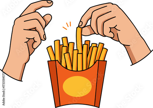 Hands grabbing french fries from a takeout box in flat style, transparent background  