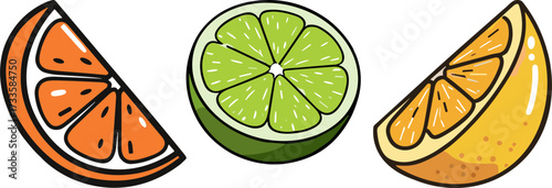 Slices of orange, lime, and lemon in flat style, transparent background  