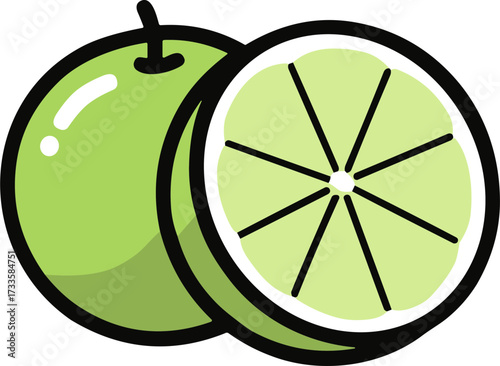 Green citrus fruit with cut lime in flat style and transparent background  