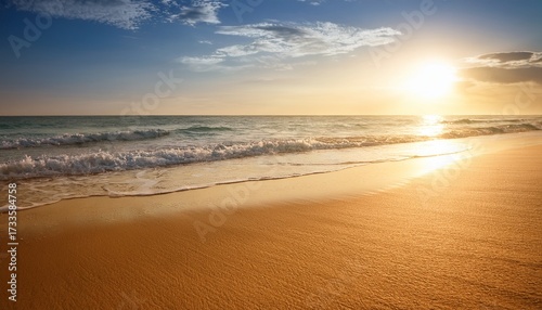 Golden Sandy Beach Soft Waves Warm Sunlit Sky