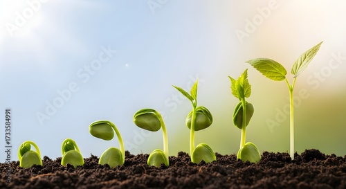 Plant growth stages and natural organic development. Time-lapse of seed germination and seedling emergence. Five young plants growing in sequence in dark, rich soil under sunlight