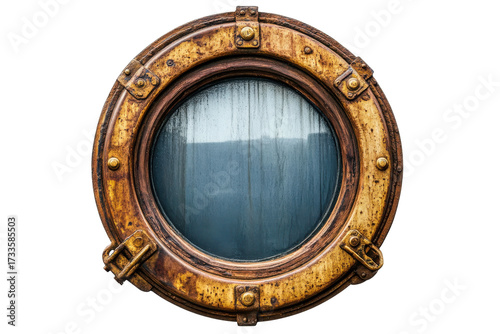 Antique nautical porthole window with weathered brass frame isolated on transparent background. Boat ship porthole isolated on white background.