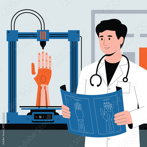 Doctor examining blueprint of 3D printed prosthetic hand in laboratory medical science