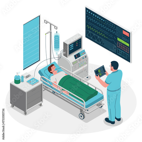 Doctor monitoring patient on hospital bed with medical equipment healthcare