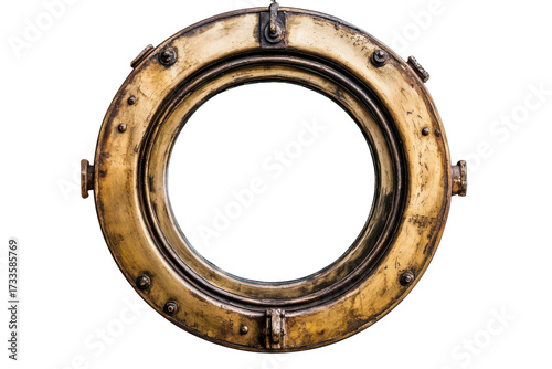 Antique nautical porthole window with weathered brass frame isolated on transparent background. Boat ship porthole isolated on white background.