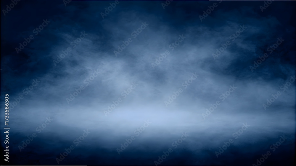 Fototapeta premium Dramatic Blue Smoke Background with Ethereal Fog and Mist, Abstract Texture Creating a Moody Ambiance with Stage Lighting Effect and Empty Copy Space for Creative Design