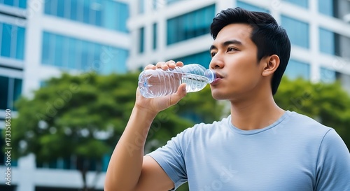Illustration of man drinking water from a plastic bottle outdoors in a city with modern buildings and trees in the background