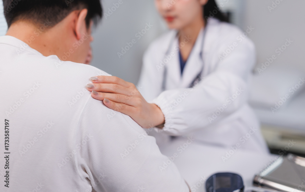 Fototapeta premium Doctor comforting patient by touching his shoulder in medical office