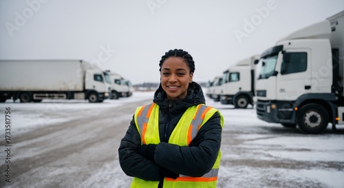 Female truck driver logistics worker in safety vest standing with trucks in winter transport industry
