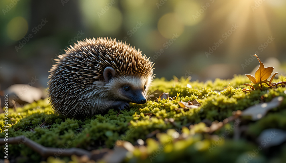 Fototapeta premium A cute hedgehog foraging for food in a sun dappled forest clearing