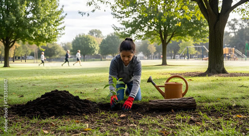 Child planting trees in a park, nurturing nature and learning about gardening in an outdoor setting