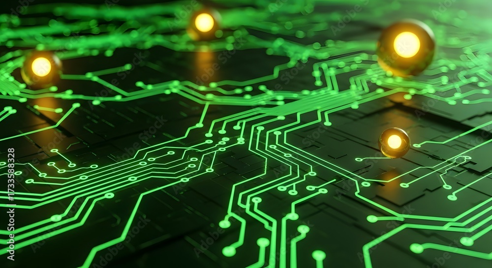 Obraz premium Green technology and futuristic computing. Digital circuit board and power distribution system. Abstract close-up of a glowing green microchip surface with spherical light elements