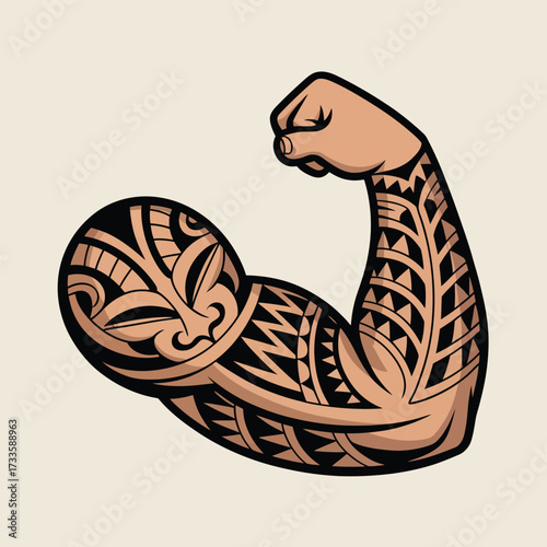 Flexed bicep with intricate tribal tattoo design muscle strength