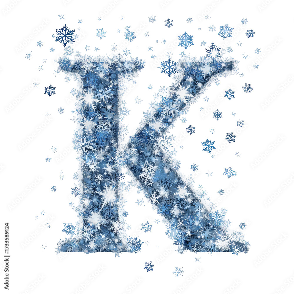 Obraz premium Blue snowflake Christmas letter K vector isolated decorative alphabet initial winter typography festive monogram clipart graphic for cards invitations logos stickers and holiday design on white