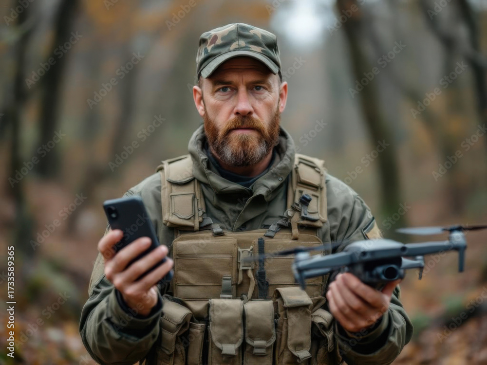 Fototapeta premium A man in a military uniform with a drone in his hands for an important mission