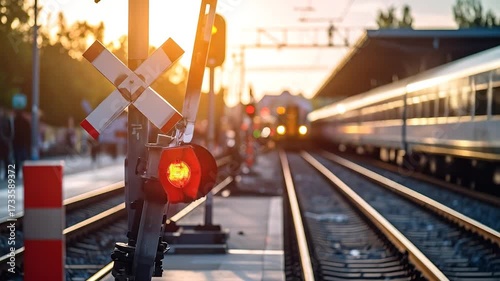 Sunset train at a station with a railway crossing