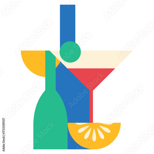 Cocktail party illustration in colorful flat style for banner, poster template. Vector isolated. Alcoholic, non-alcoholic cocktail drinks. Bar elements decoration
