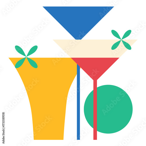 Cocktail party illustration in colorful flat style for banner, poster template. Vector isolated. Alcoholic, non-alcoholic cocktail drinks. Bar elements decoration