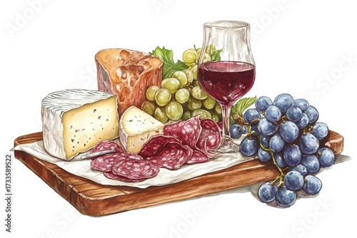 Gourmet cheese and charcuterie board with red wine isolated on transparent background. Charcuterie board with assorted cheese meat and grapes isolated on white background.
