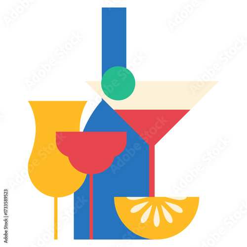 Cocktail party illustration in colorful flat style for banner, poster template. Vector isolated. Alcoholic, non-alcoholic cocktail drinks. Bar elements decoration