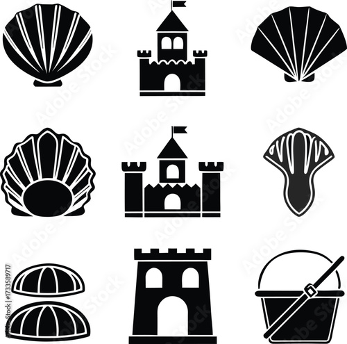 sandcastle, beach, summer, icon, set, glyph, vacation, holiday, travel, tourism, fun, play, kids, children, family, activity, outdoor, recreation