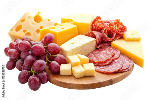 Gourmet cheese and charcuterie board with grapes isolated on transparent background. Charcuterie board with assorted cheese meat and grapes isolated on white background.