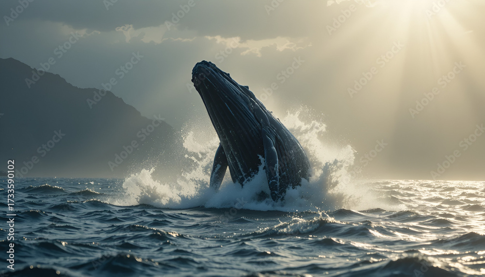 Fototapeta premium A humpback whale breaches the ocean surface, with mountains in the background