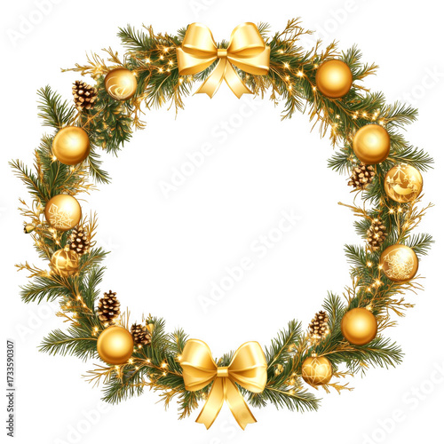 Festive circle adorned with pinecones, spheres, and ribbons glows on transparent background