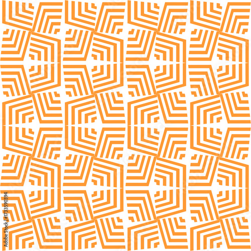 Layered pentagon-like forms repeat in rhythmic harmony, orange pathways spiraling inward, creating endless geometric mazes across a balanced patterned grid.