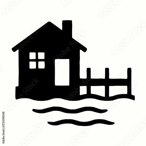 This vector illustration depicts a unique residential architecture concept of a house or cottage structure floating