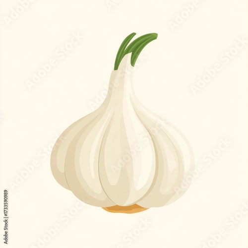 Close-up view of a fresh garlic bulb with green sprouts