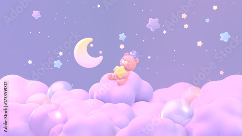 3D render cute and adorable cartoon bear with a nightcap sits on clouds at night.
