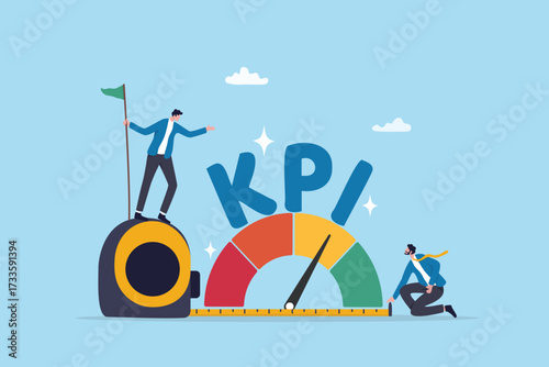 KPI measurement or benchmark, key performance indicator to measure success, return on investment or project efficiency, business people measuring graph with indicator gauge result and KPI word.