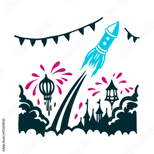 Bun Bang Fai Rocket Festival Illustration Bun Bang Fai Rocket Festival Terracotta bamboo rocket ascending with fiery smoke trails