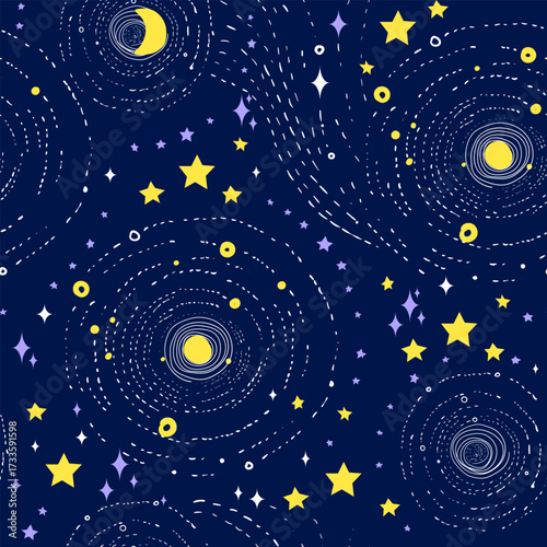 Playful seamless pattern featuring a hand-drawn night sky with twinkling stars, the moon, and the Milky Way. Naive and festive in style, this cosmic design is ideal for fabrics, costumes, accessories