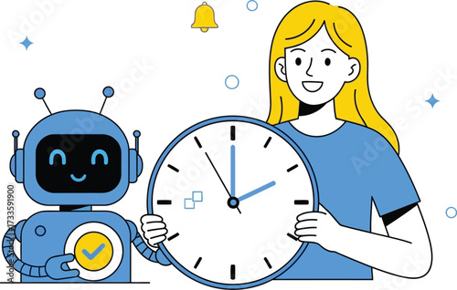 Woman and robot with clock isolated on transparent background, time management concept