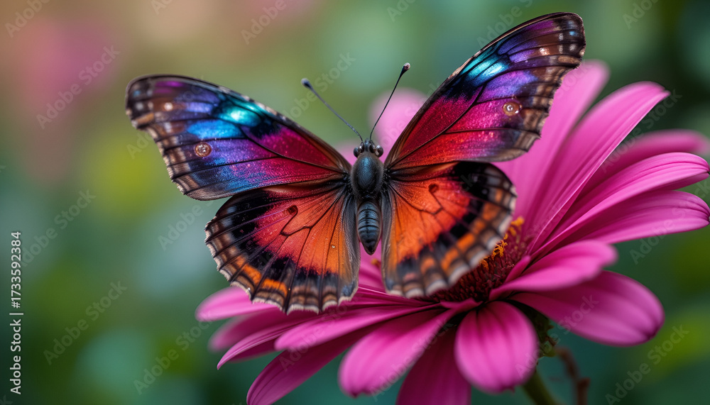 Fototapeta premium Colorful butterfly on a pink flower with a blurred background