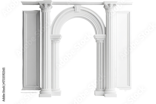 Ornate white architectural archway with columns isolated on transparent background. Classic column arch isolated on white background.