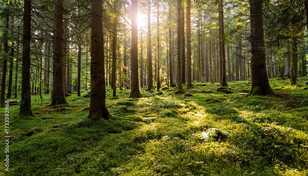 Fototapeta premium Lush Green Forest With Sunlight Filtering Through Trees Highlighting A Mossy Ground Serene Atmosphere
