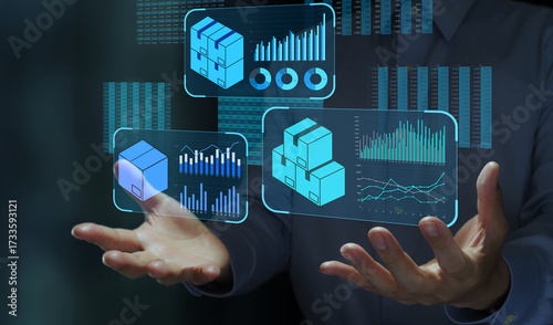Inventory management. Demand forecasting with stock analytics graphs. Business person using real-time inventory data to manage stock.