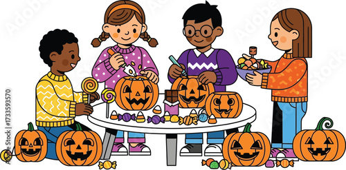 Group of children carving pumpkins and putting candy inside Halloween vector illustration for greeting card and invitation