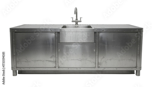 An industrial-style kitchen counter constructed from brushed stainless steel with exposed rivets, featuring an integrated prep sink. The robust counter is clearly defined on a white background.