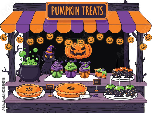 A festive halloween treats stand with pumpkin pies, cupcakes, and a witchs cauldron, perfect for holiday promotions