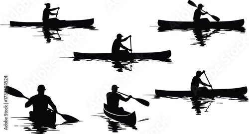 Canoeing and kayaking silhouettes, paddlers in boats on calm water with reflections, recreation, outdoor summer activity, black vector icons set

.