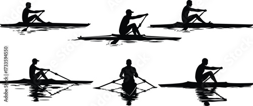 Rowing and canoeing silhouettes, paddlers in kayaks on water, kayaking sport, recreation, water splash, black vector graphics, outdoor activity icons set