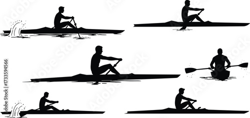 Rowing and canoeing silhouettes, paddlers in kayaks on water, kayaking sport, recreation, water splash, black vector graphics, outdoor activity icons set.