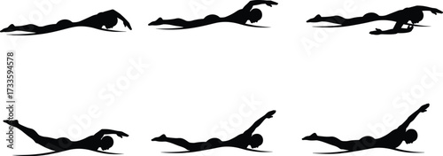 Swimmer silhouettes doing crawl stroke, freestyle, butterfly, and diving in water splash, competitive swimming, sports training, black vector icons set