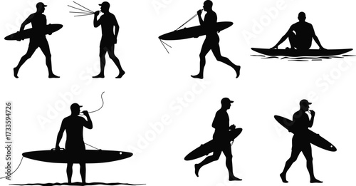 Surfer silhouettes carrying surfboards on beach, surfing, paddle boarding, water sports, recreation, summer vacation, outdoor lifestyle, black and white vector icons set