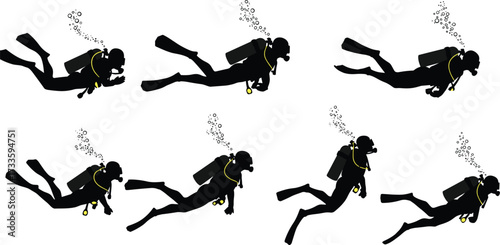 Silhouettes of Scuba Divers Swimming Underwater in Various Poses, Diving, Exploration, Ocean, Sea, Sport, Snorkeling, Isolated Vector.