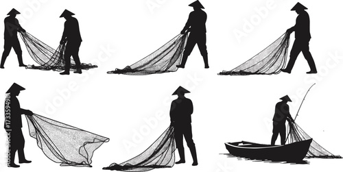 Silhouettes of a fisherman in a boat with a net, illustrating the traditional craft of catching fish.